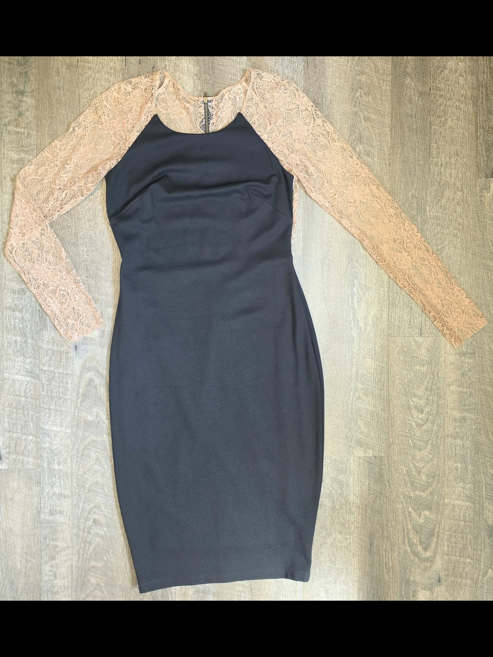 Bailey 44 Midi Bodycon Sheath Dress Womens M Black Tan Lace Back & Sleeves Stret - Picture 6 of 12